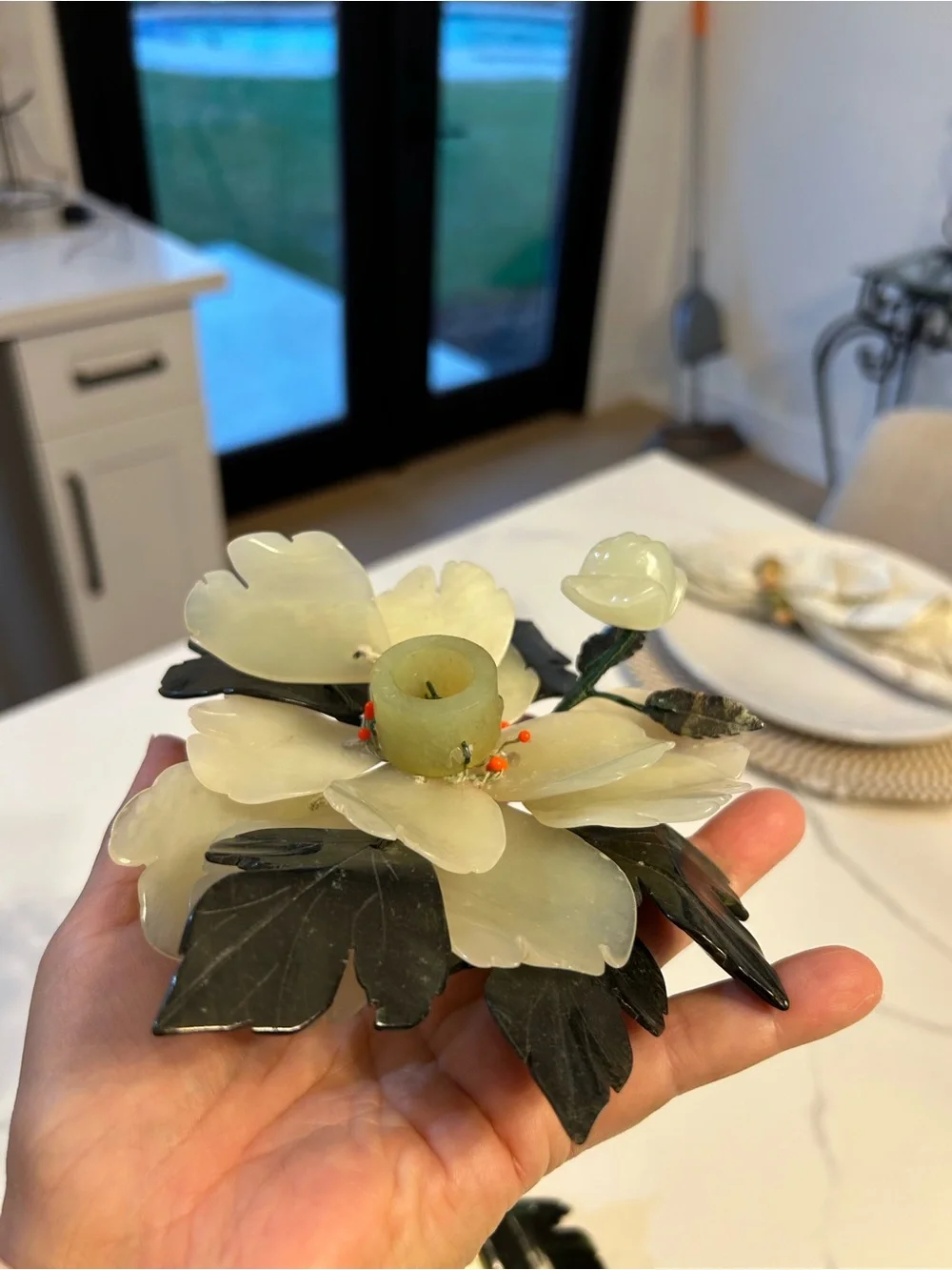 Chinese Carved Jade Lotus Flower & Leaves Candle Holder Set of 2